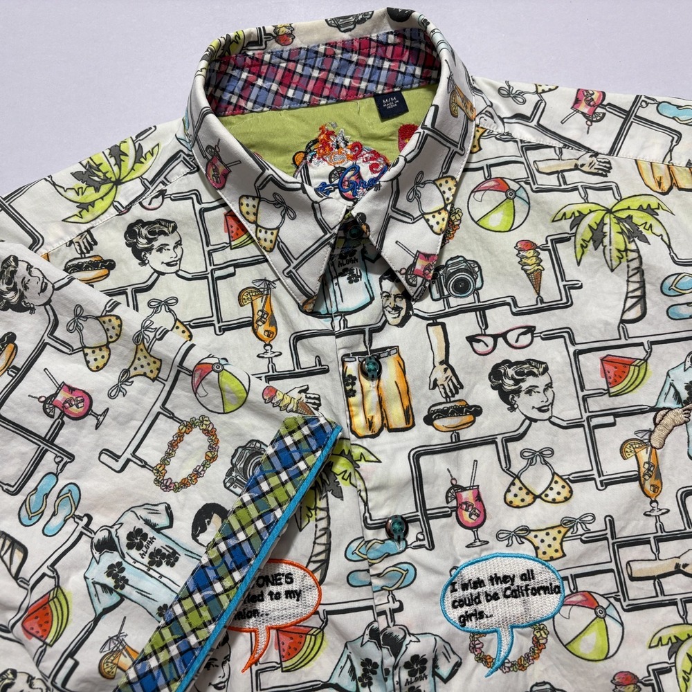 Robert Graham Shirt White Abstract Comic Art Pop Button Up Short Sleeve Mens M
